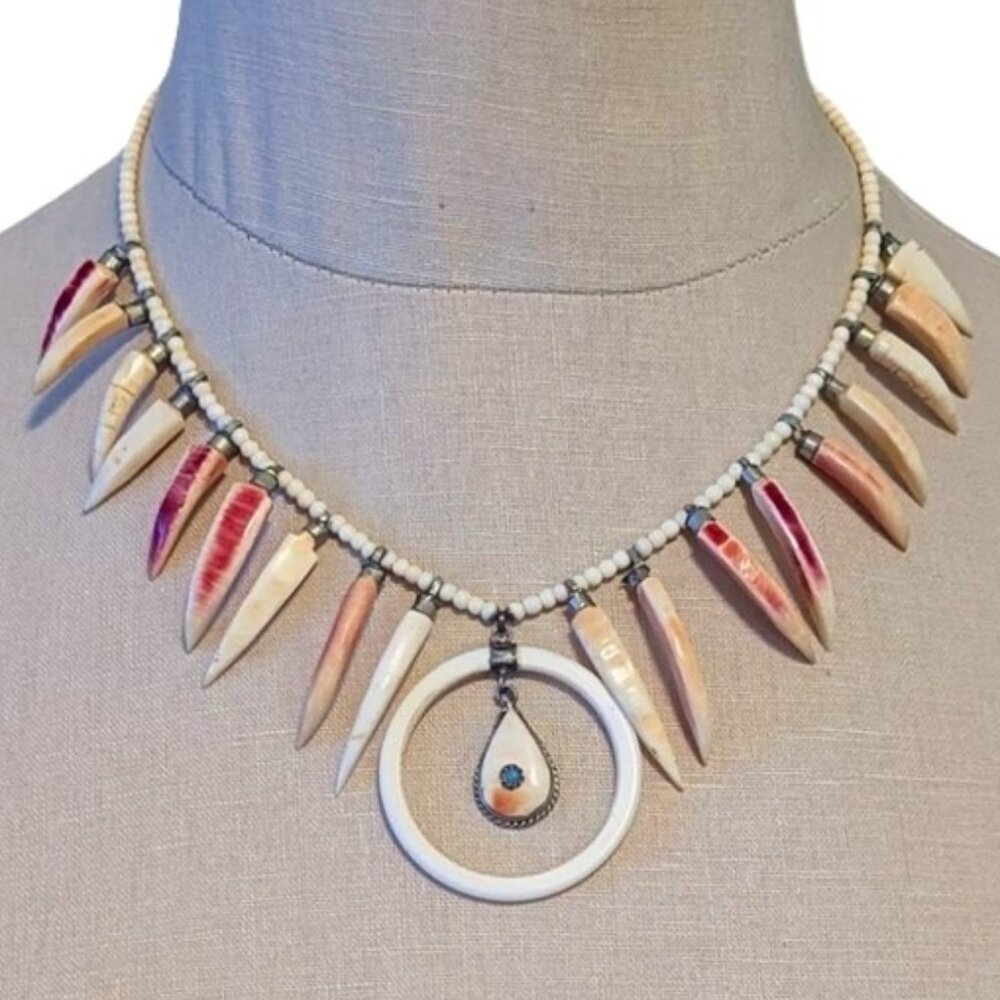 Native Coral Necklace Spikey Shell Silver Turquoise Pendent Beaded Vintage‎